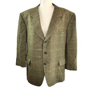 Vintage England House Haute Couture Mens Plaid Wool Blazer Jacket Brown & Green